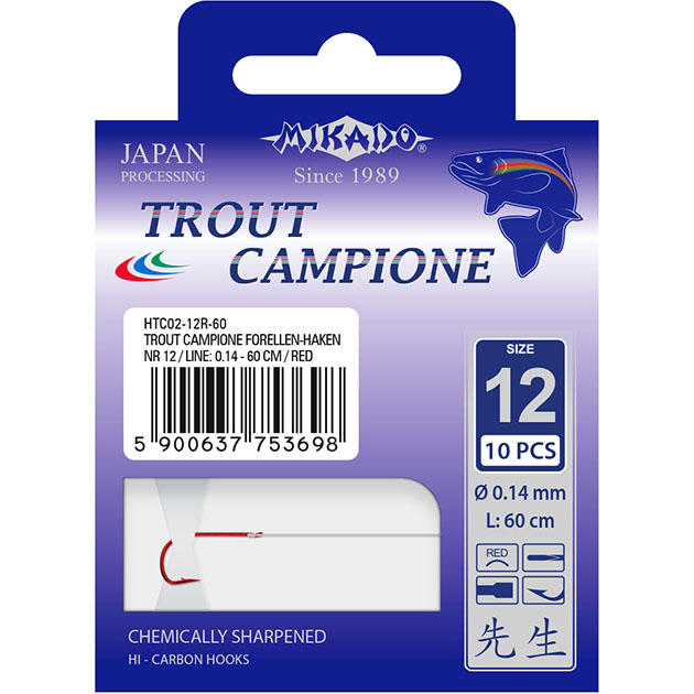 Крючки с поводками Mikado TROUT CAMPIONE № 2 R /  0.25 мм. / 100 см. ( 10 шт.)